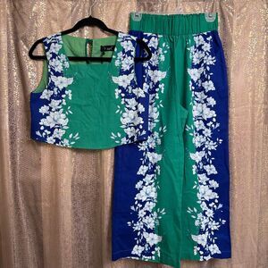 Kourt Anthropologie Willow Blue Green Tropical 2 Piece Pants Set XS NWT